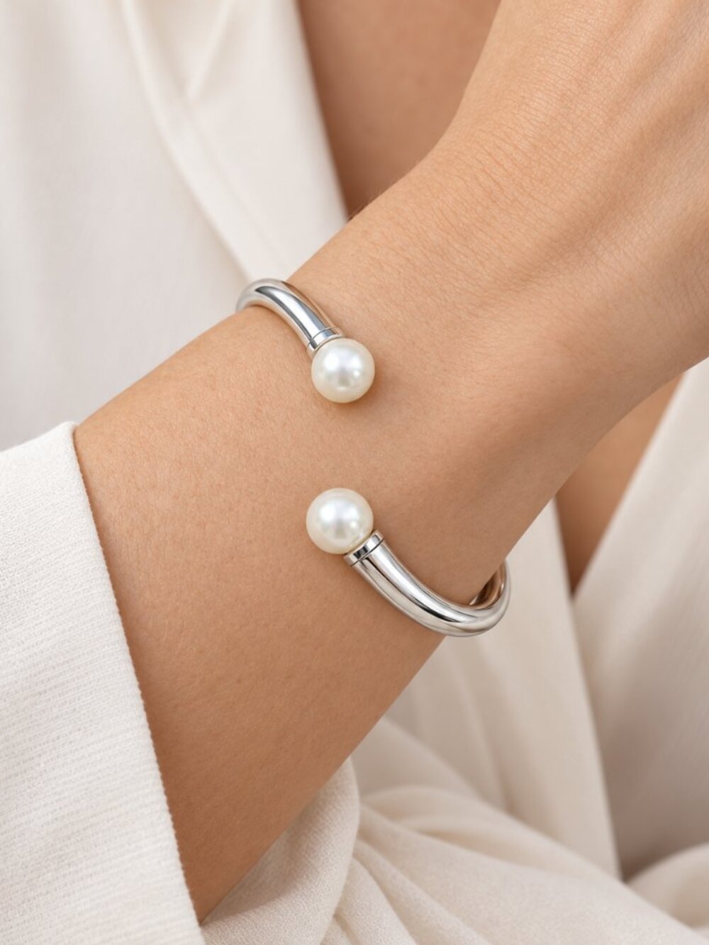 nOir Silver Tone Open Cuff Bracelet with Pearl Ends